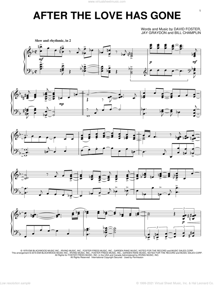 After The Love Has Gone sheet music for piano solo by Earth, Wind & Fire, Bill Champlin, David Foster and Jay Graydon, intermediate skill level