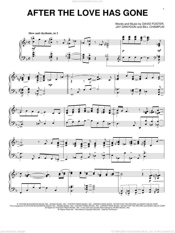 After The Love Has Gone sheet music for piano solo by Earth, Wind & Fire, Bill Champlin, David Foster and Jay Graydon, intermediate skill level