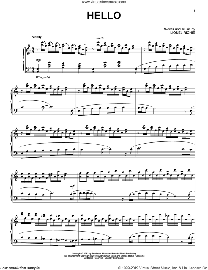 Hello, (intermediate) sheet music for piano solo by Lionel Richie, intermediate skill level