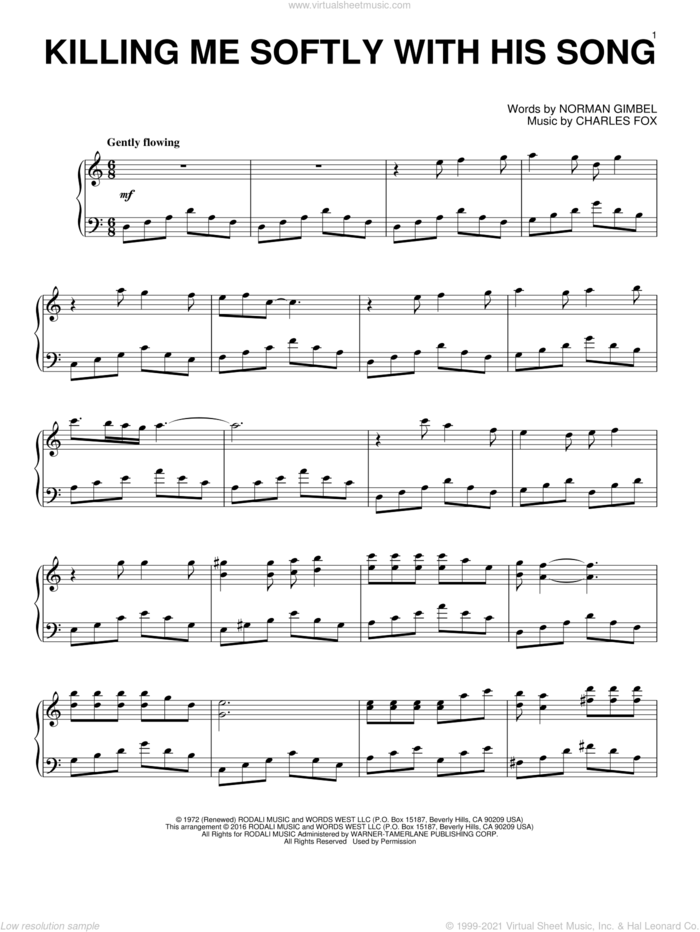 Killing Me Softly With His Song sheet music for piano solo by Norman Gimbel, Roberta Flack, The Fugees and Charles Fox, intermediate skill level