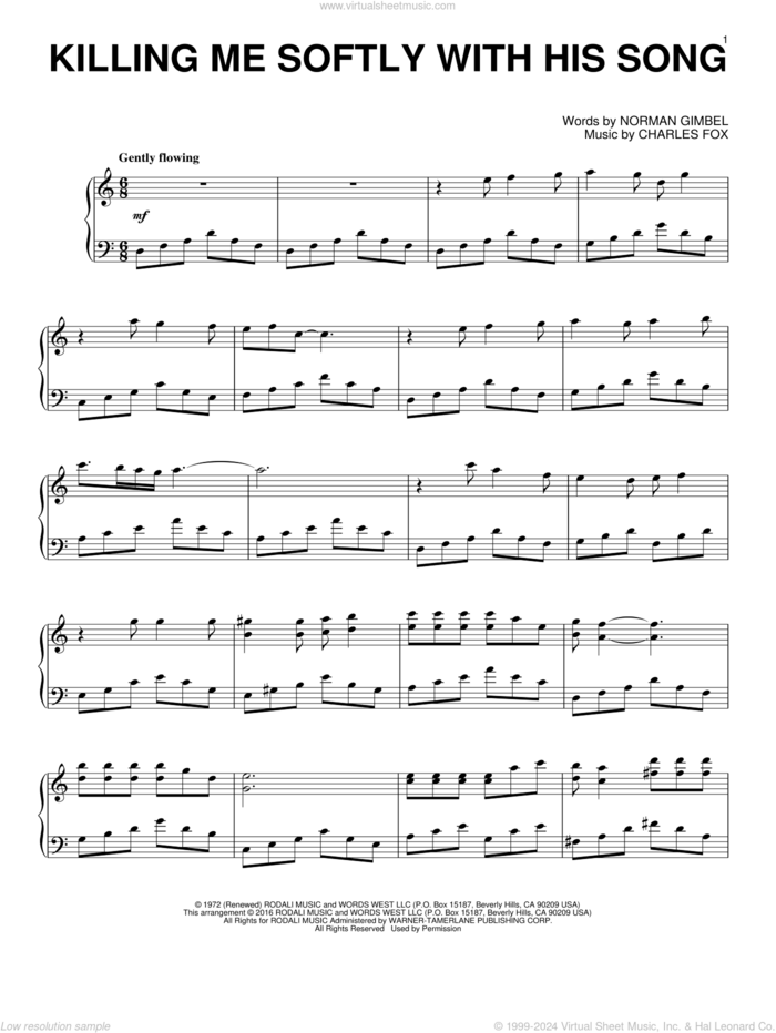 Killing Me Softly With His Song sheet music for piano solo by Norman Gimbel, Roberta Flack, The Fugees and Charles Fox, intermediate skill level