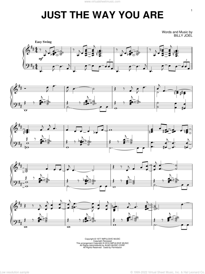 Just The Way You Are, (intermediate) sheet music for piano solo by Billy Joel, wedding score, intermediate skill level