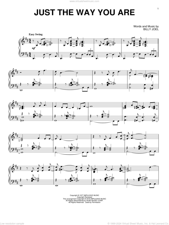 Just The Way You Are, (intermediate) sheet music for piano solo by Billy Joel, wedding score, intermediate skill level