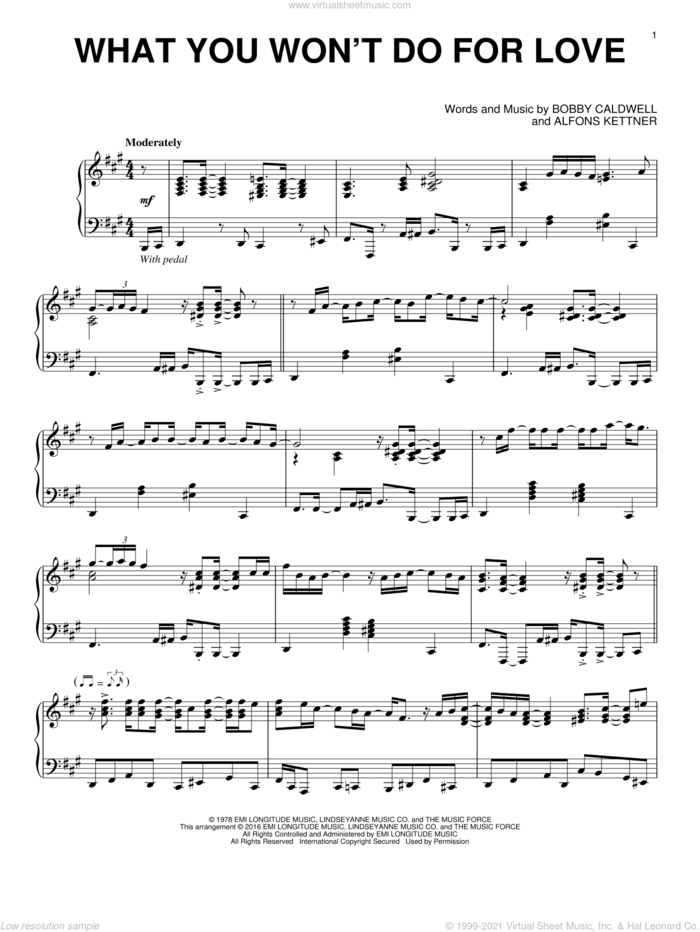 What You Won't Do For Love sheet music for piano solo by Bobby Caldwell and Alfons Kettner, intermediate skill level