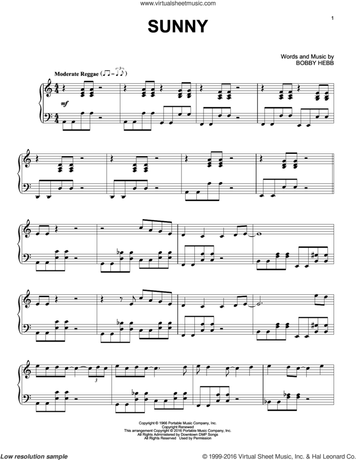 Sunny, (intermediate) sheet music for piano solo by Bobby Hebb and Pat Martino, intermediate skill level