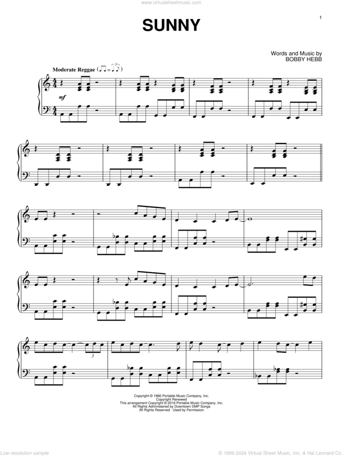 Sunny, (intermediate) sheet music for piano solo by Bobby Hebb and Pat Martino, intermediate skill level