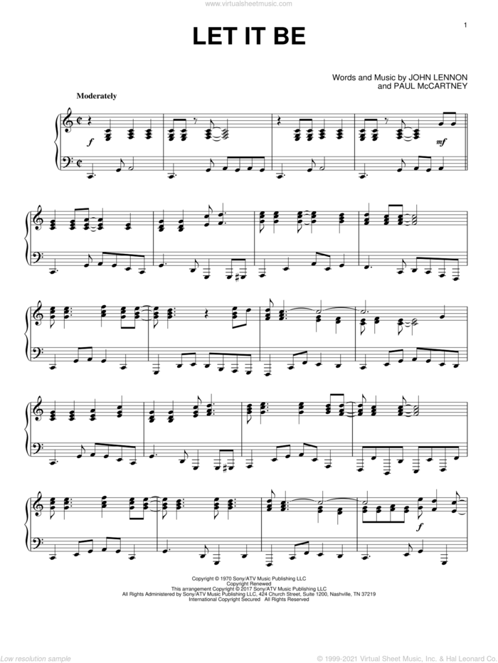 Let It Be sheet music for piano solo by The Beatles, Kris Allen, John Lennon and Paul McCartney, intermediate skill level