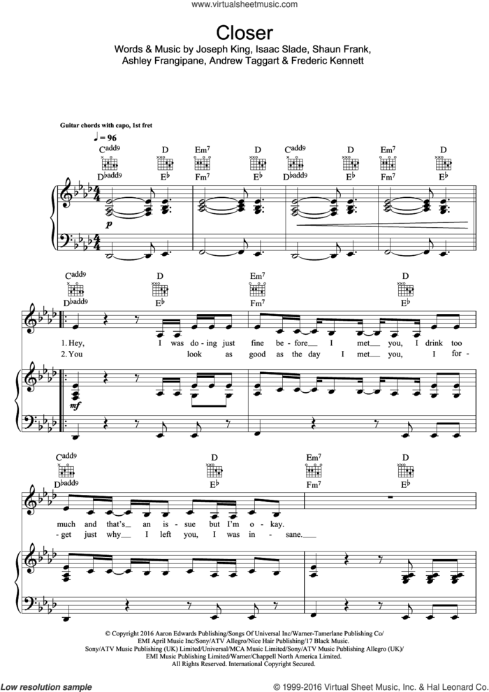 Closer (featuring Halsey) sheet music for voice, piano or guitar by The Chainsmokers and Halsey, intermediate skill level