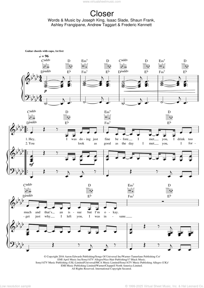 Closer (featuring Halsey) sheet music for voice, piano or guitar by The Chainsmokers and Halsey, intermediate skill level