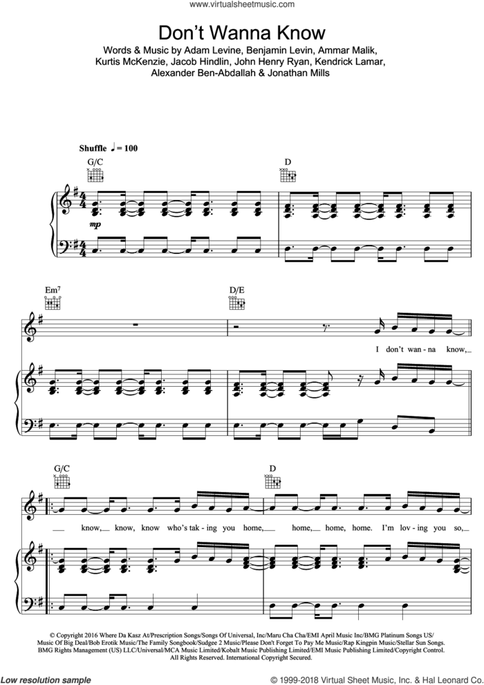Don't Wanna Know sheet music for voice, piano or guitar by Maroon 5, intermediate skill level