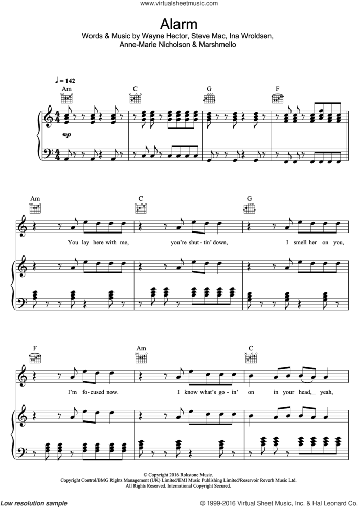 Alarm sheet music for voice, piano or guitar by Anne-Marie, intermediate skill level