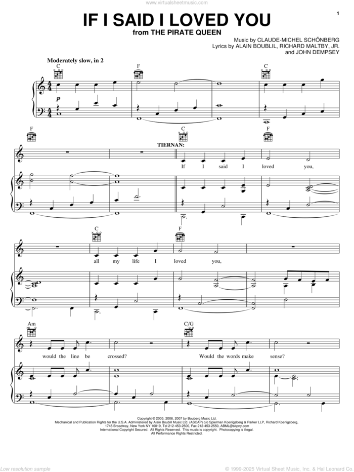 If I Said I Loved You (from The Pirate Queen) sheet music for voice, piano or guitar by Claude-Michel Schonberg, The Pirate Queen (Musical), Alain Boublil, Boublil and Schonberg, John Dempsey and Richard Maltby, Jr., intermediate skill level