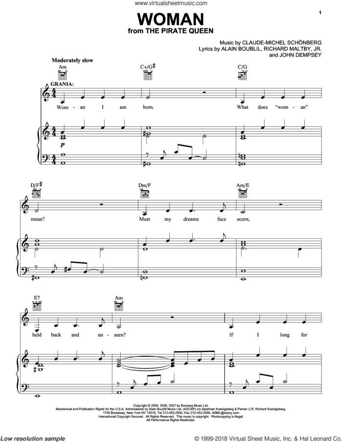 Woman (from The Pirate Queen) sheet music for voice, piano or guitar by Claude-Michel Schonberg, The Pirate Queen (Musical), Alain Boublil, Boublil and Schonberg, John Dempsey and Richard Maltby, Jr., intermediate skill level