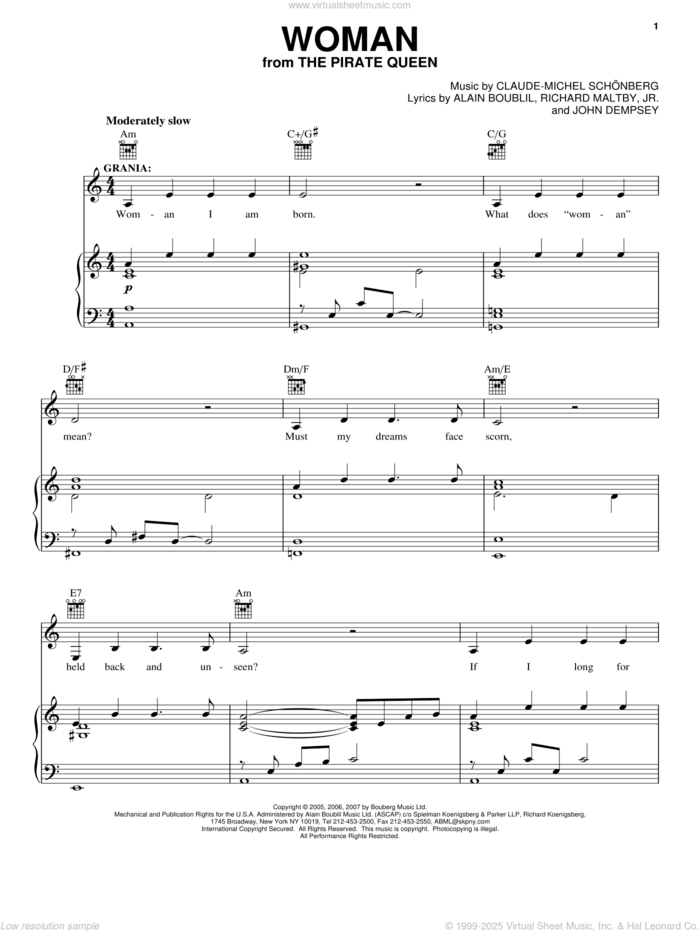 Woman (from The Pirate Queen) sheet music for voice, piano or guitar by Claude-Michel Schonberg, The Pirate Queen (Musical), Alain Boublil, Boublil and Schonberg, John Dempsey and Richard Maltby, Jr., intermediate skill level