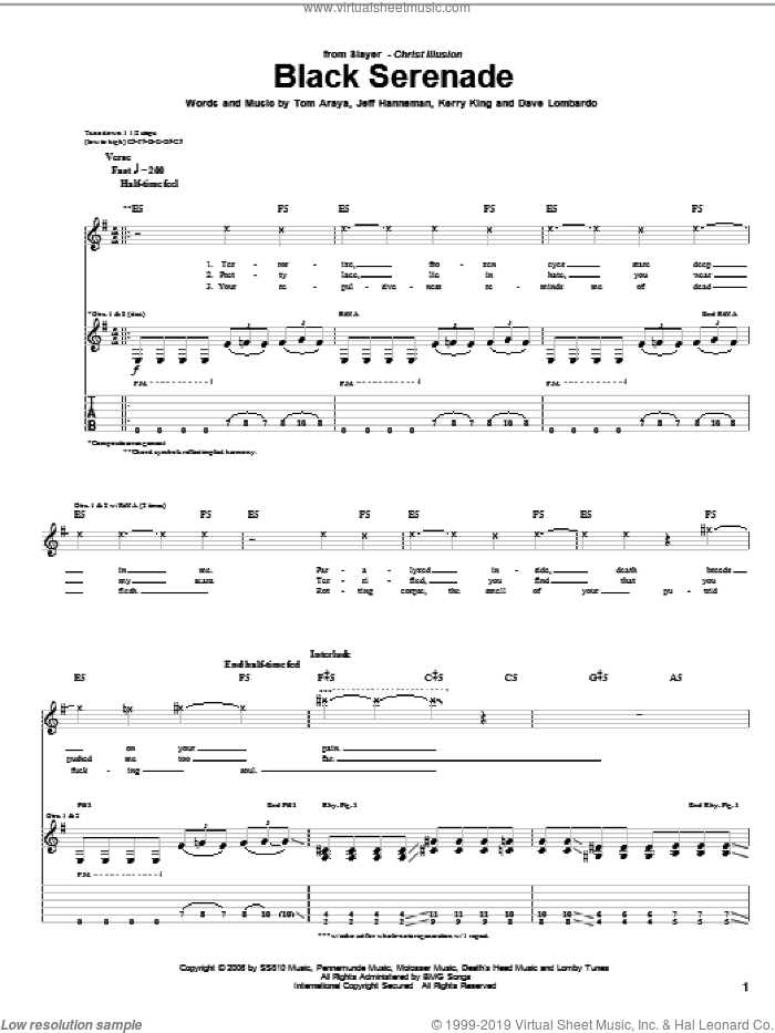 Black Serenade sheet music for guitar (tablature) by Slayer, Dave Lombardo, Jeff Hanneman, Kerry King and Tom Araya, intermediate skill level
