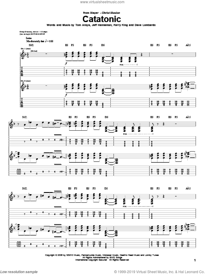 Catatonic sheet music for guitar (tablature) by Slayer, Dave Lombardo, Jeff Hanneman, Kerry King and Tom Araya, intermediate skill level