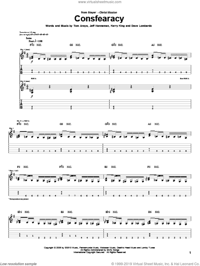 Consfearacy sheet music for guitar (tablature) by Slayer, Dave Lombardo, Jeff Hanneman, Kerry King and Tom Araya, intermediate skill level