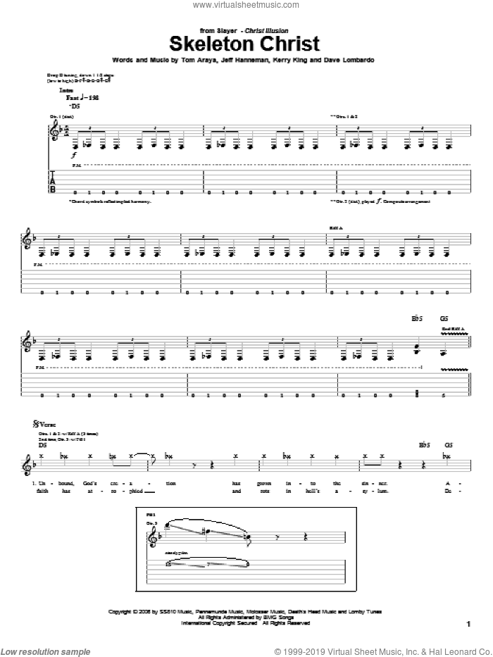 Skeleton Christ sheet music for guitar (tablature) by Slayer, Dave Lombardo, Jeff Hanneman, Kerry King and Tom Araya, intermediate skill level