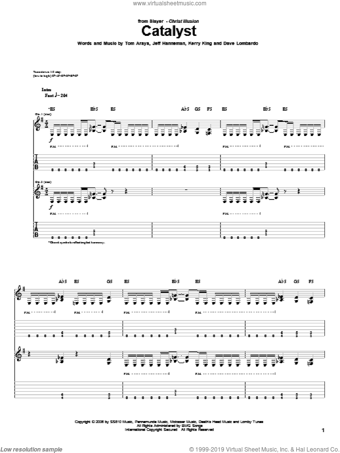 Catalyst sheet music for guitar (tablature) by Slayer, Dave Lombardo, Jeff Hanneman, Kerry King and Tom Araya, intermediate skill level