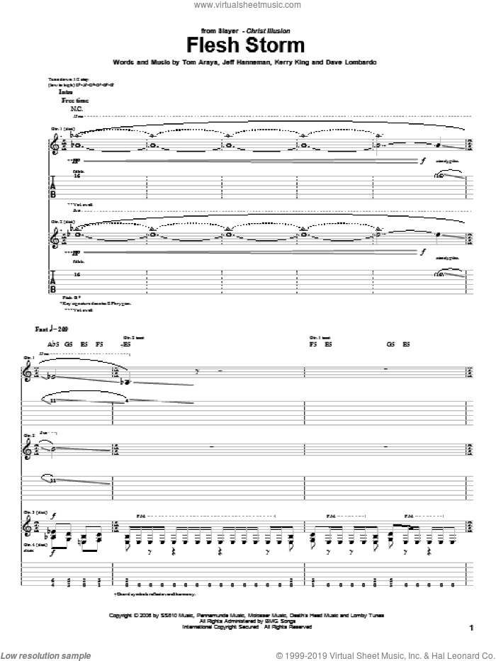 Flesh Storm sheet music for guitar (tablature) by Slayer, Dave Lombardo, Jeff Hanneman, Kerry King and Tom Araya, intermediate skill level