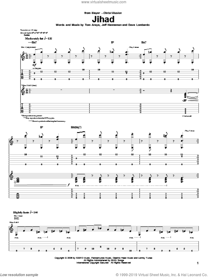 Jihad sheet music for guitar (tablature) by Slayer, Dave Lombardo, Jeff Hanneman and Tom Araya, intermediate skill level