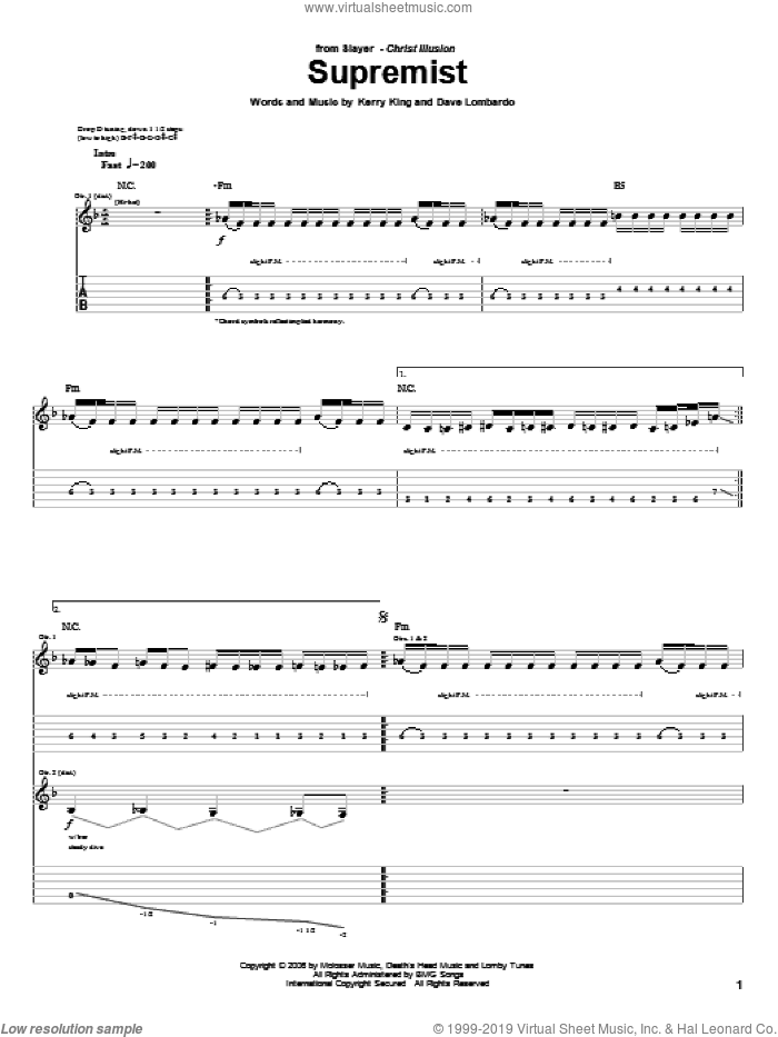 Supremist sheet music for guitar (tablature) by Slayer, Dave Lombardo and Kerry King, intermediate skill level