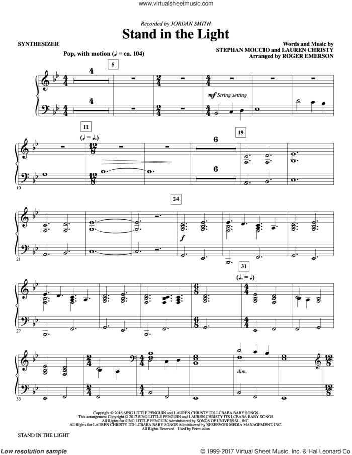 Stand In The Light (complete set of parts) sheet music for orchestra/band by Roger Emerson, Lauren Christy and Stephan Moccio, intermediate skill level
