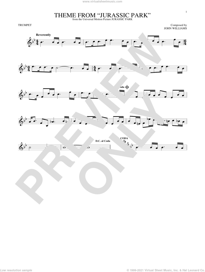 Theme From Jurassic Park sheet music for trumpet solo by John Williams, intermediate skill level