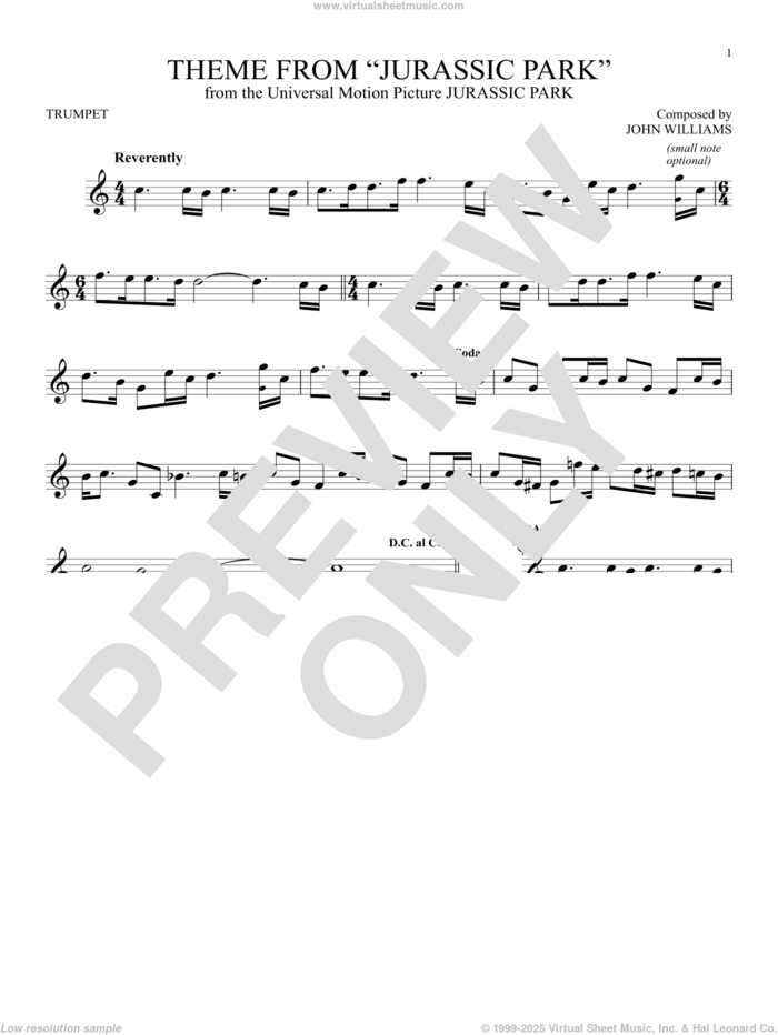 Theme From Jurassic Park sheet music for trumpet solo by John Williams, intermediate skill level