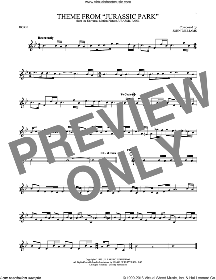 Theme From Jurassic Park sheet music for horn solo by John Williams, intermediate skill level