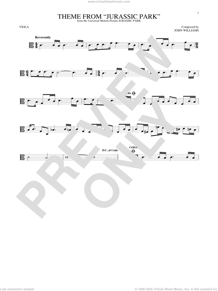 Theme From Jurassic Park sheet music for viola solo by John Williams, intermediate skill level