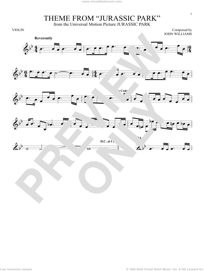 Theme From Jurassic Park sheet music for violin solo by John Williams, intermediate skill level