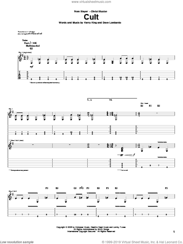 Cult sheet music for guitar (tablature) by Slayer, Dave Lombardo and Kerry King, intermediate skill level