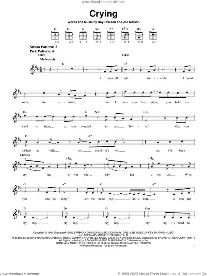 Crying sheet music for guitar solo (chords) by Roy Orbison, Don McLean and Joe Melson, easy guitar (chords)