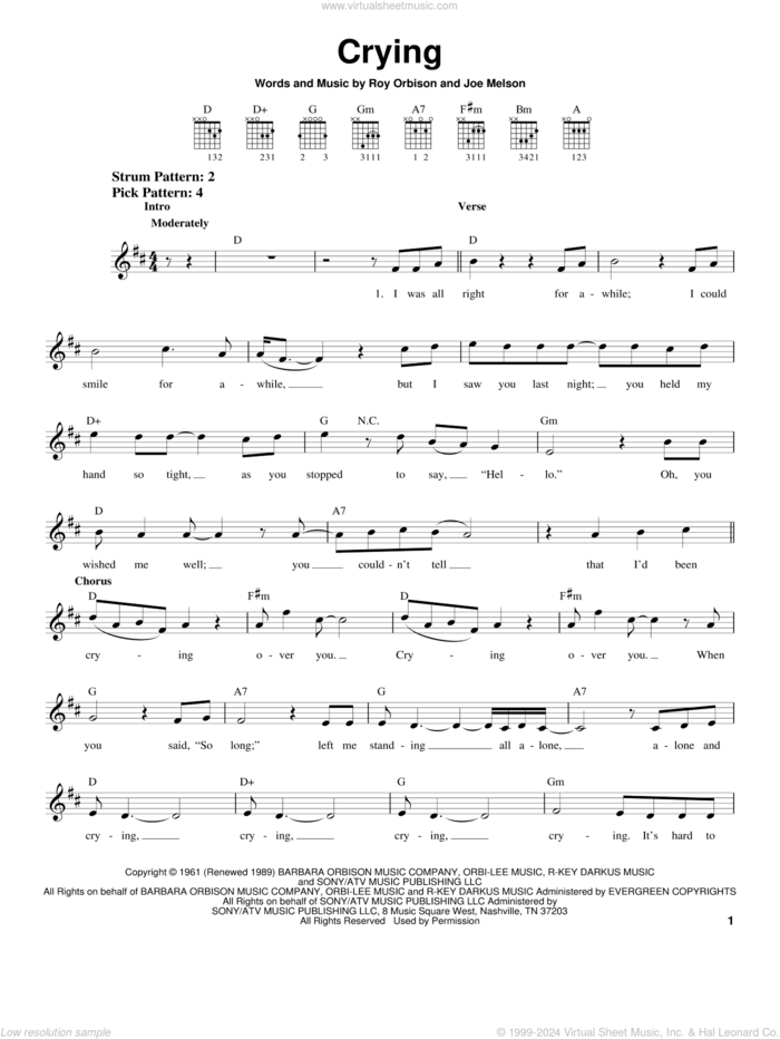 Crying sheet music for guitar solo (chords) by Roy Orbison, Don McLean and Joe Melson, easy guitar (chords)