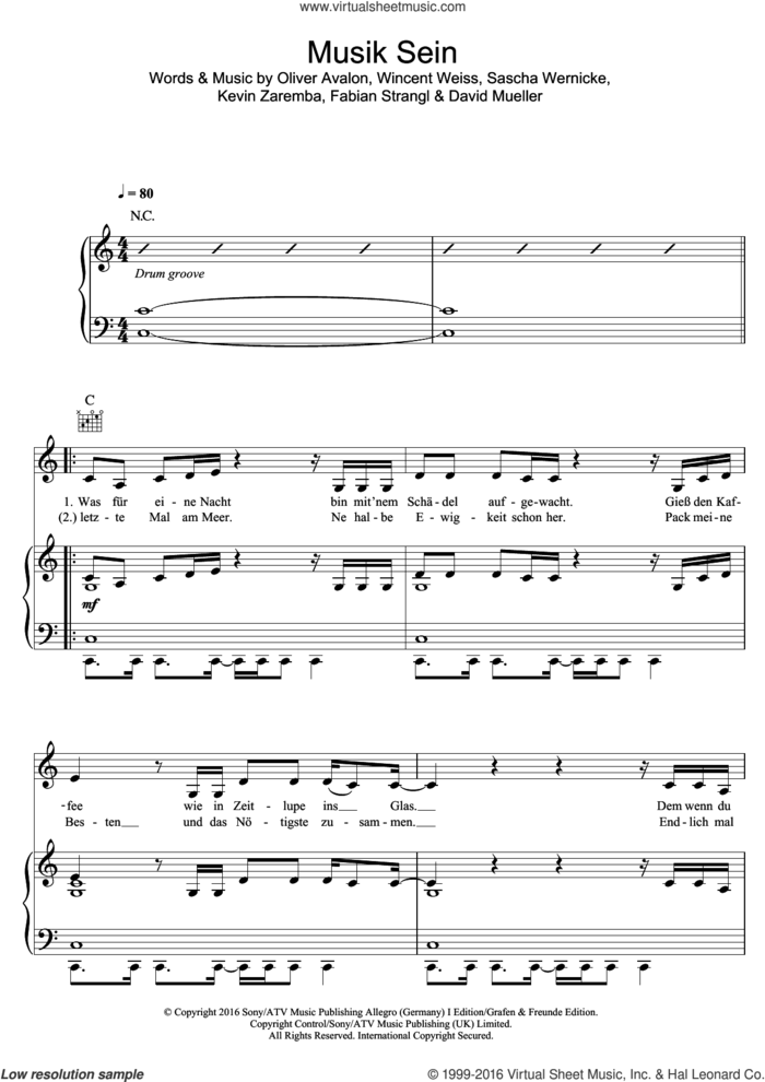 Musik Sein sheet music for voice, piano or guitar by Wincent Weiss, intermediate skill level