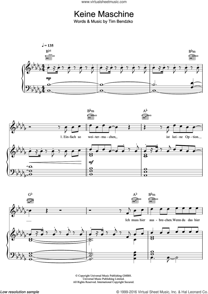 Keine Maschine sheet music for voice, piano or guitar by Tim Bendzko, intermediate skill level