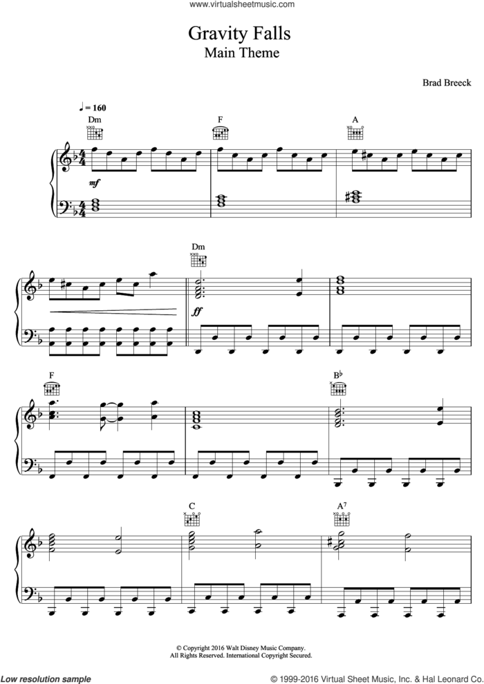 Gravity Falls (Main Theme) sheet music for piano solo by Brad Breeck, intermediate skill level