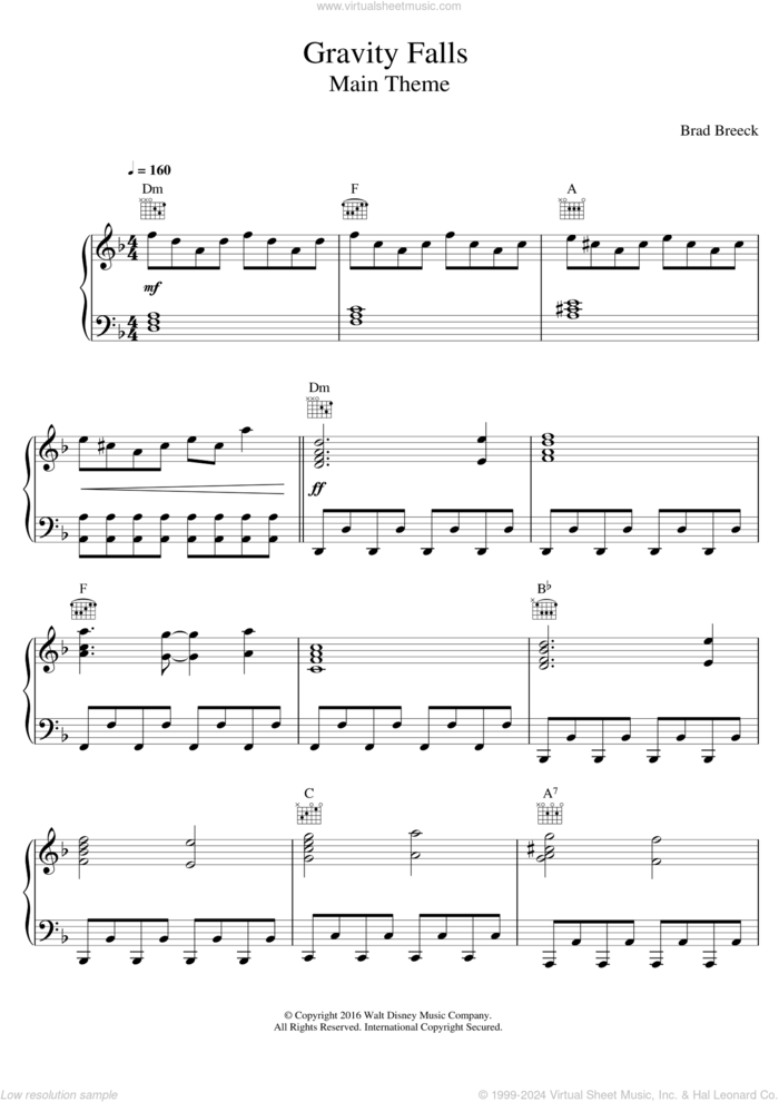 Gravity Falls (Main Theme) sheet music for piano solo by Brad Breeck, intermediate skill level