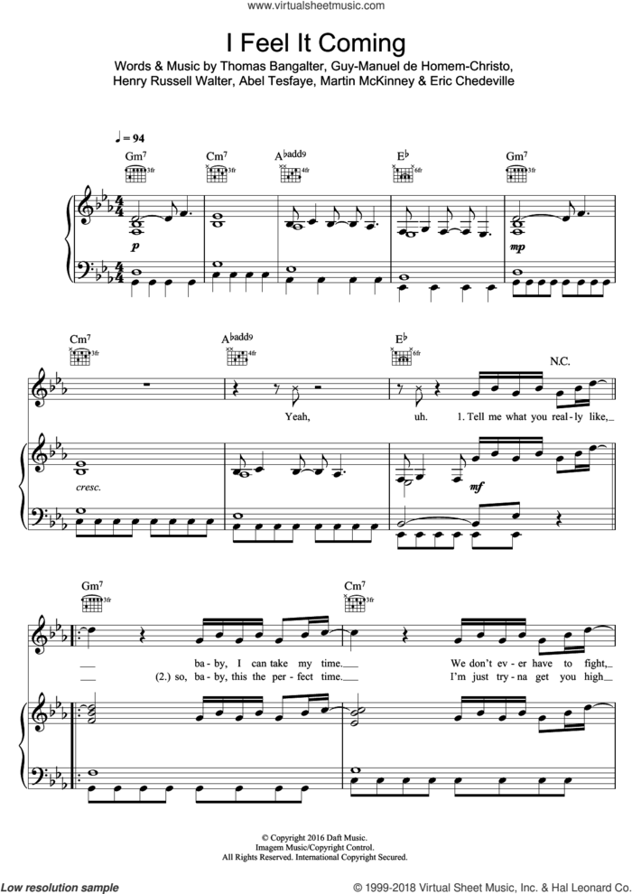 I Feel It Coming (featuring Daft Punk) sheet music for voice, piano or guitar by The Weeknd and Daft Punk, intermediate skill level