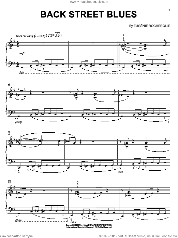 Back Street Blues sheet music for piano solo by Eugenie Rocherolle, intermediate skill level