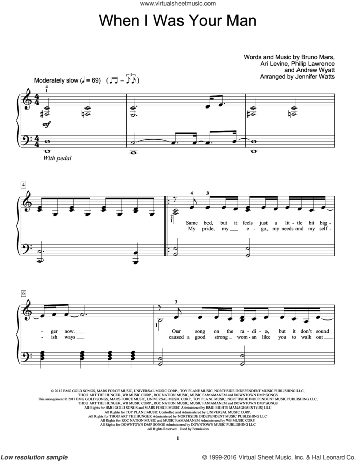 When I Was Your Man sheet music for piano solo (elementary) by Bruno Mars, Jennifer Watts, Andrew Wyatt, Ari Levine and Philip Lawrence, beginner piano (elementary)
