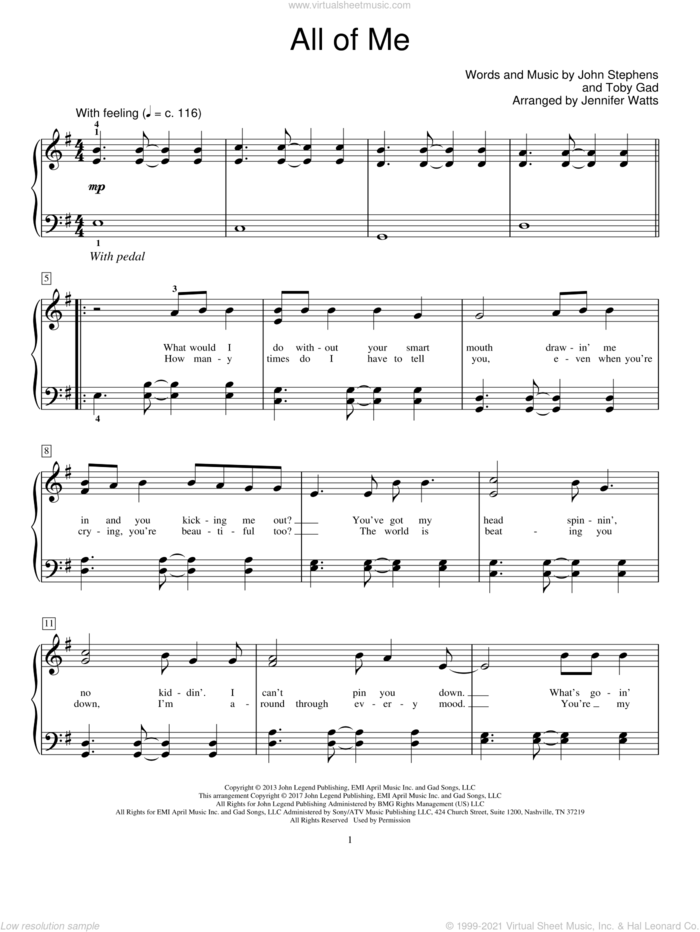 All Of Me sheet music for piano solo (elementary) by John Legend, Jennifer Watts, John Stephens and Toby Gad, classical wedding score, beginner piano (elementary)