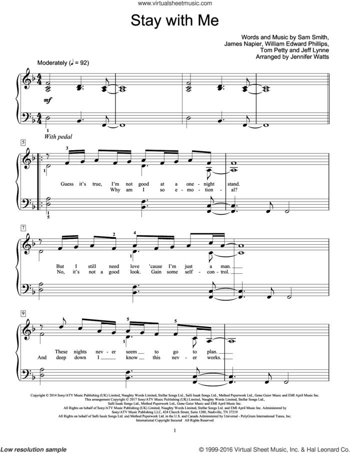 Stay With Me sheet music for piano solo (elementary) by Sam Smith, Jennifer Watts, James Napier, Jeff Lynne, Tom Petty and William Edward Phillips, beginner piano (elementary)