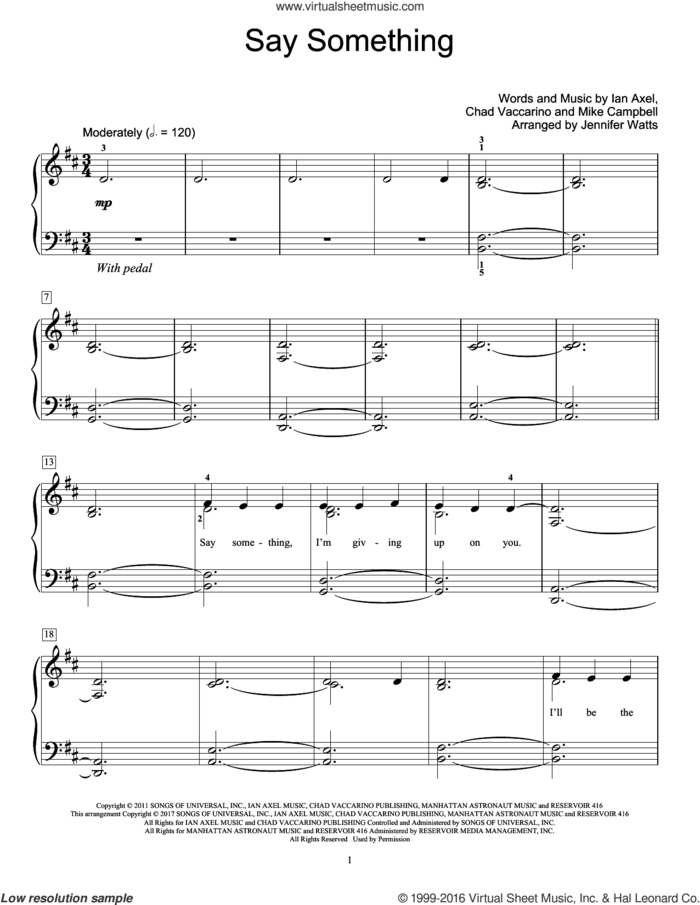 Say Something sheet music for piano solo (elementary) by A Great Big World, Jennifer Watts, Chad Vaccarino, Ian Axel and Mike Campbell, beginner piano (elementary)
