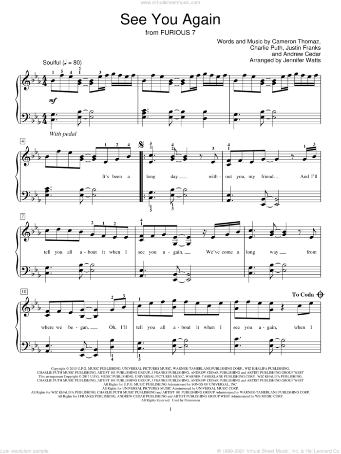 See You Again sheet music for piano solo (elementary) by Wiz Khalifa feat. Charlie Puth, Jennifer Watts, Andrew Cedar, Cameron Thomaz, Charlie Puth and Justin Franks, beginner piano (elementary)