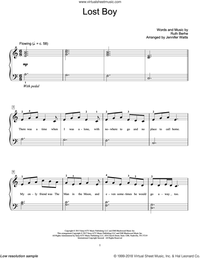 Lost Boy sheet music for piano solo (elementary) by Ruth B, Jennifer Watts and Ruth Berhe, beginner piano (elementary)