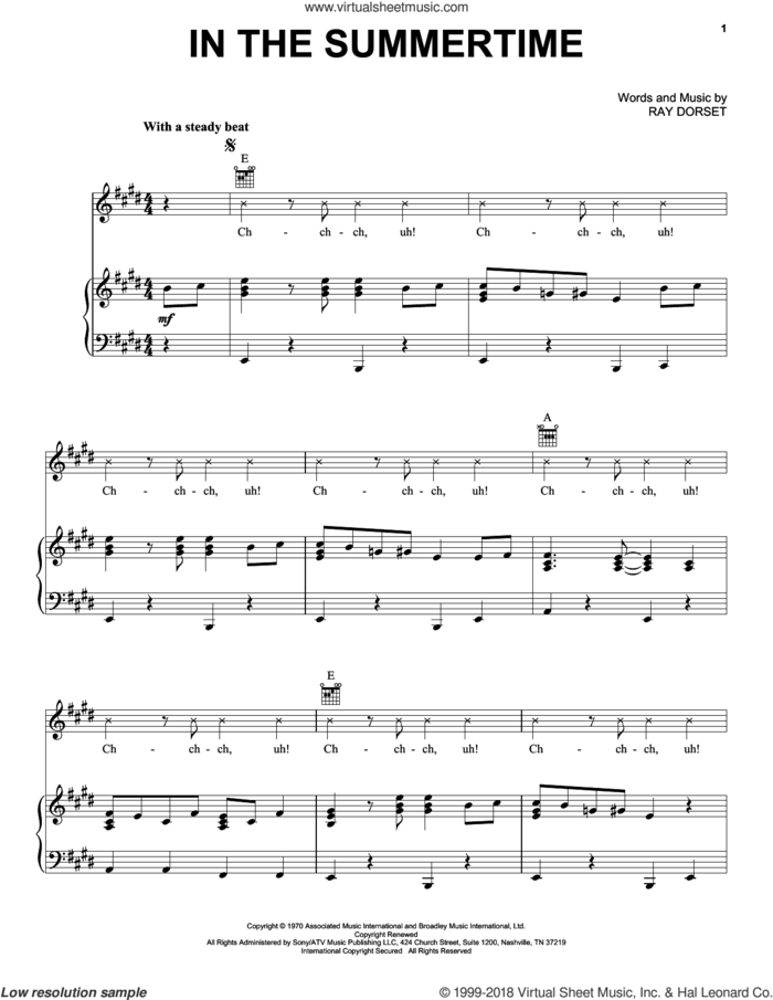 In The Summertime sheet music for voice, piano or guitar by Ray Dorset, Mungo Jerry and Shaggy, intermediate skill level