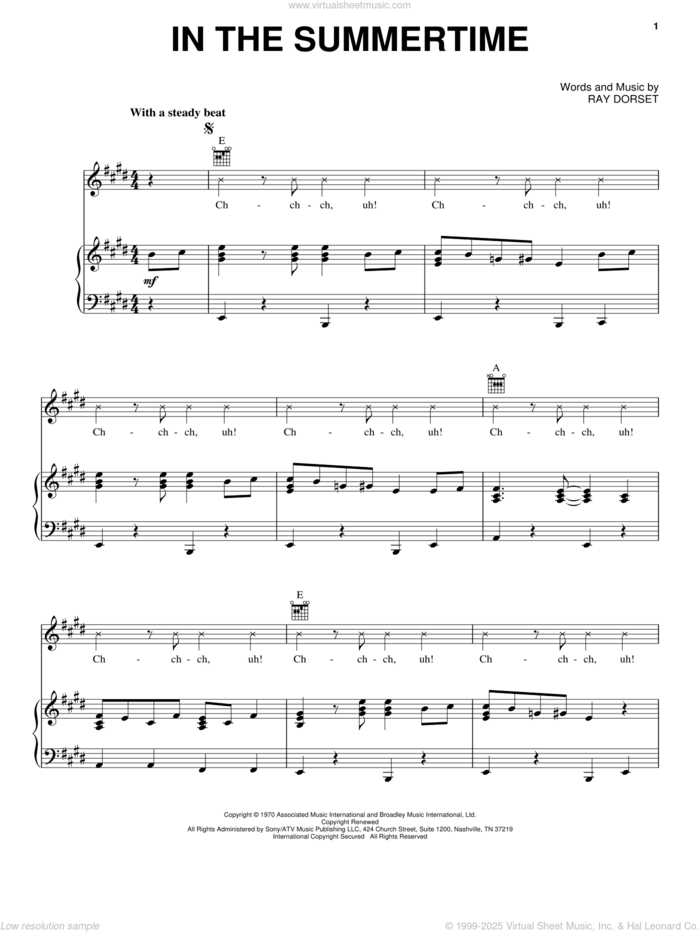 In The Summertime sheet music for voice, piano or guitar by Ray Dorset, Mungo Jerry and Shaggy, intermediate skill level