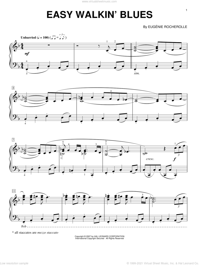 Easy Walkin' Blues sheet music for piano solo by Eugenie Rocherolle, intermediate skill level